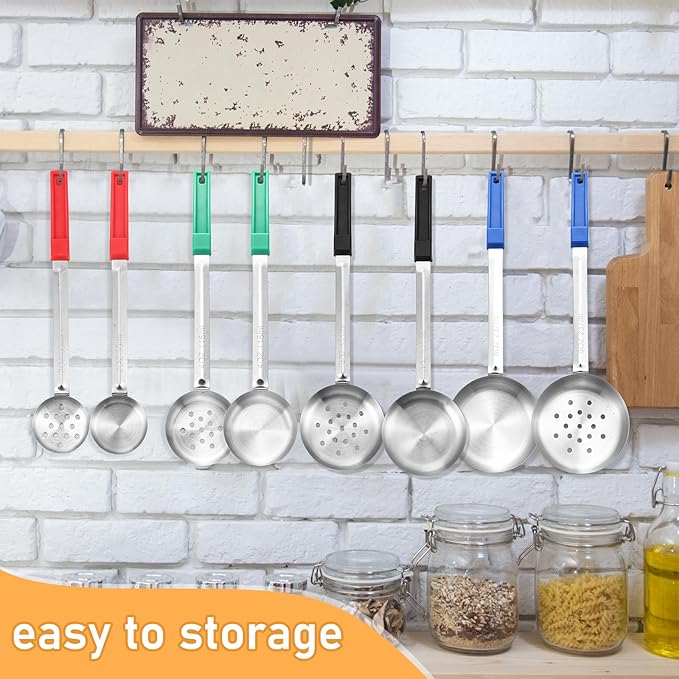 Teenyyou 8 Pcs Portion Control Serving Spoons Portion Scoops Cups Solid and Slotted Stainless Steel Ladle Spoon for Food, Serving Utensils Set for Parties(4 Colors,4 Sizes)