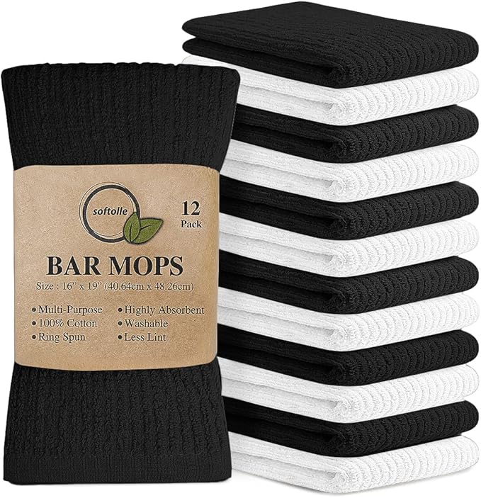Softolle Bar Mop Towels, Pack of 12-16x19 Inches - 100% Cotton Super Absorbent Towels, Multi-Purpose for Home and Bar Cleaning (White-Black)