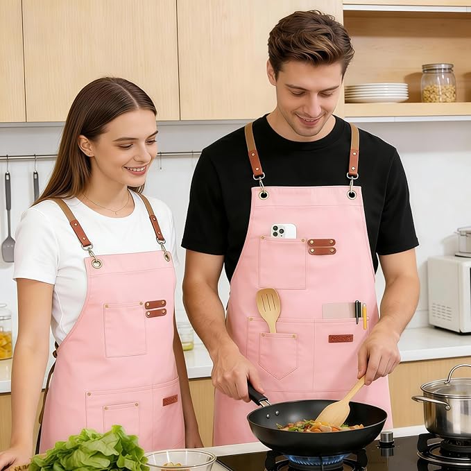 Chef Aprons for Men Women with 4 Large Pockets, Cotton Canvas Cross Back Adjustable Apron for Work grilling kitchen gardening