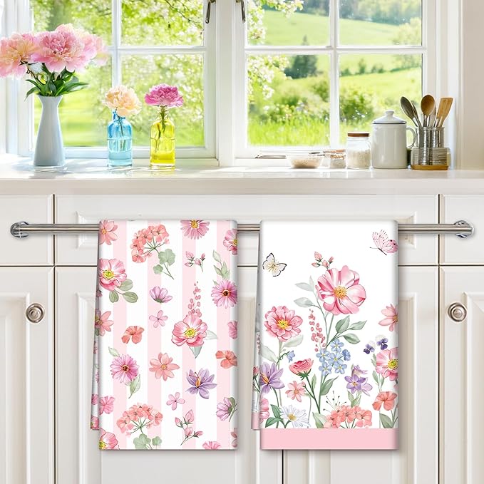 Pink Floral Tea Towels 100% Cotton Quick Dry Wildflower Kitchen Towels, 18.9 x 27.5'' Absorbent Dish Cloth for Kitchen Home Decor, Housewarming, Birthday Gifts for Mom, Set of 4