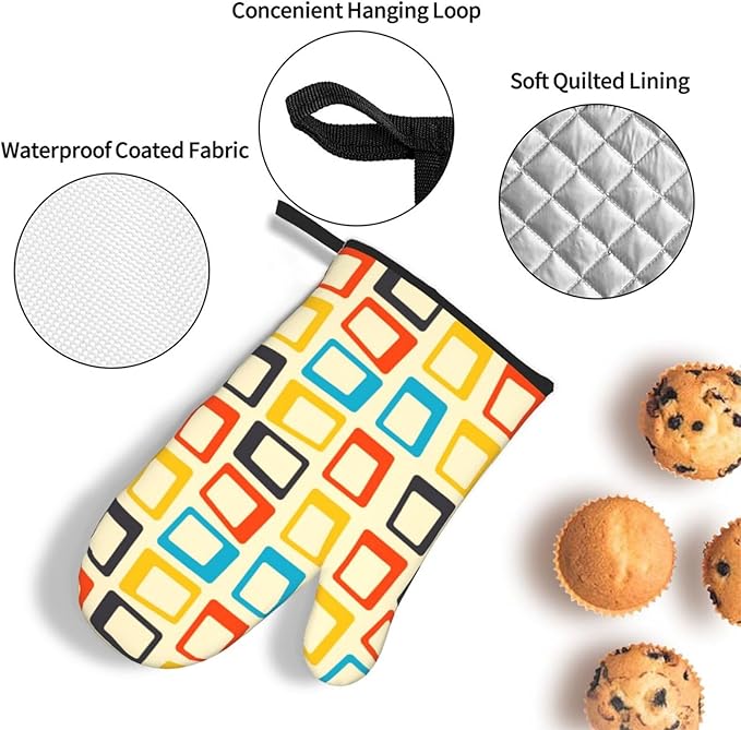 Mid Century Modern Oven Mitts and Pot Holders Sets of 3 Retro Heat Resistant Non Slip BBQ Gloves for Cooking Grilling Baking Kitchen Decor