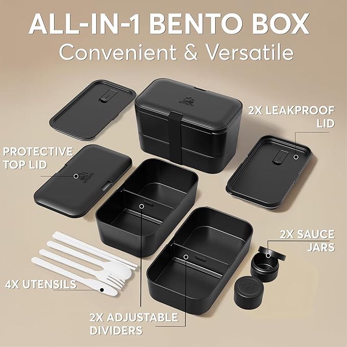 Umami Lunch Box Containers w/ 4 Utensils, 2 Sauce Jars, Nestable Space-Saving Bento Box Adult, 100% Leakproof, Microwavable Lunch Containers for Adults, Design Award Winner, Onyx Black, 50 oz