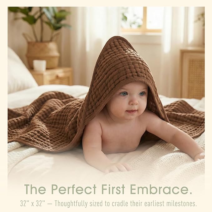4-Piece Muslin Baby Towel Set - 100% Organic Cotton, (2) 6-Layer 32x32 Towels & (2) Washcloths, Bath, Beach & Pool Gift Set (Coffee & Blue)