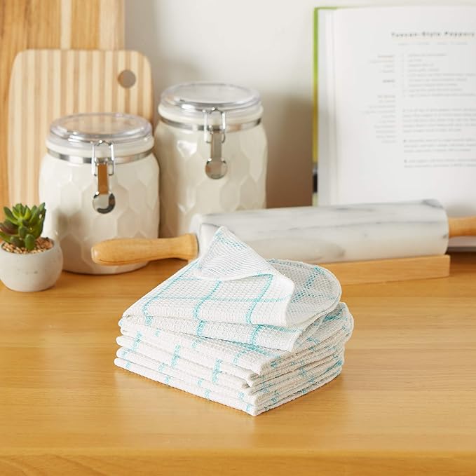DII Scrubber Dishcloths Collection Windowpane Dishrag Set, 12x12, White/Aqua Stripe, 6 Piece