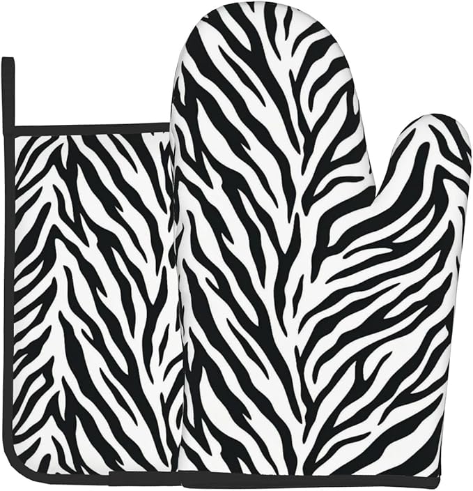 Zebra Stripe Oven Mitts and Pot Holders White Background Heat Resistant Oven Mitts Safe for Baking Cooking BBQ