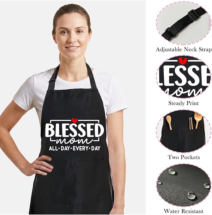 Black Baking Aprons for Women, Adjustable Cooking Baking Kitchen Aprons for Mom Chef with Pockets