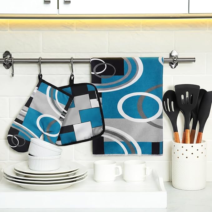 Jingmore 6 Pcs Kitchen Decor Set Accessory Farmhouse Kitchen Towels Pot Holders Oven Mitts Set 2 Dish Towels 2 Pot Holders 2 Cooking Mittens Oven Glove for Cooking(Teal,White, Gray,Geometric)