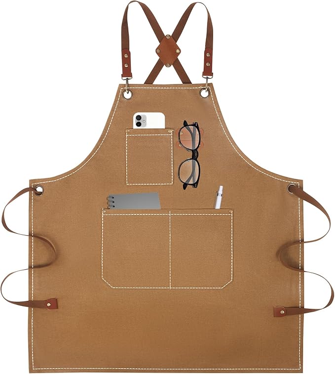 Aprons For Women Men With Large Pockets, Waterproof Cotton Chef Aprons For Cooking Server Grilling Bbq Kitchen