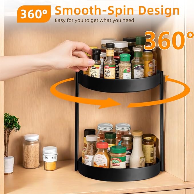 2 Tier Metal Lazy Susan Organizer, 12 Inch Rotating Turntable Double Lazy Susans for Cabinet Kitchen Bathroom, Anti-Rust Two Tiered Spinner Tray Carousel Organizer for Spice Rack Countertop Black