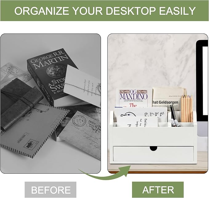 Desk Organizer with Drawer Wood File Office Mail Organizer Countertop-5 Slot Tabletop Storage Pen Organizer Letter Holder for School Home Office Supplies (White)