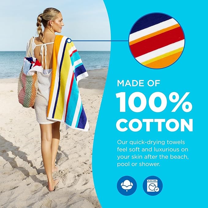 Kaufman - Joey Velour Colored Classic Multi-Color Stripe Beach & Pool Towel - Large 100% Combed Cotton Beach Towel - Soft & Absorbent Colorful Towels - 32" x 62" - 480 Pack
