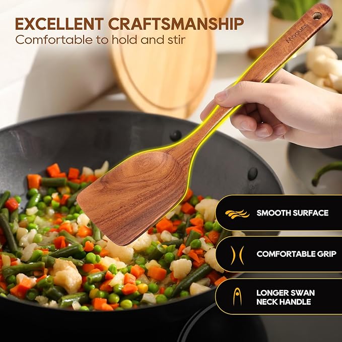 Wooden Spoons for Cooking, 6PCS Teak Wood Cookware Utensil Set with Hooks - Smooth Finish, Non-Stick, Comfortable Grip, Heat Resistant Kitchen Utensils
