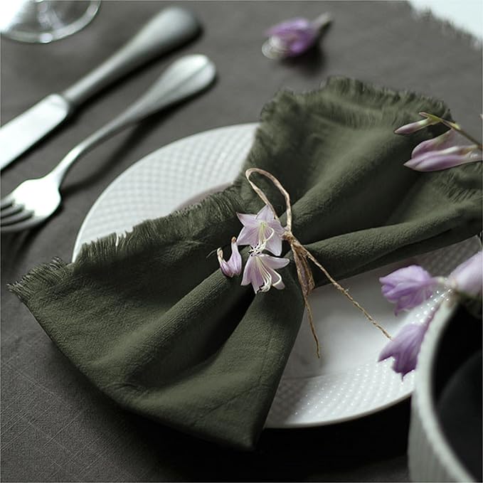 Handmade Cloth Napkins 100% Cotton Napkins with Fringe，Delicate Handmade Cloth Napkins for Dinners, Parties, Weddings and More，18 x 18 Inch Set of 6 - Olive Green
