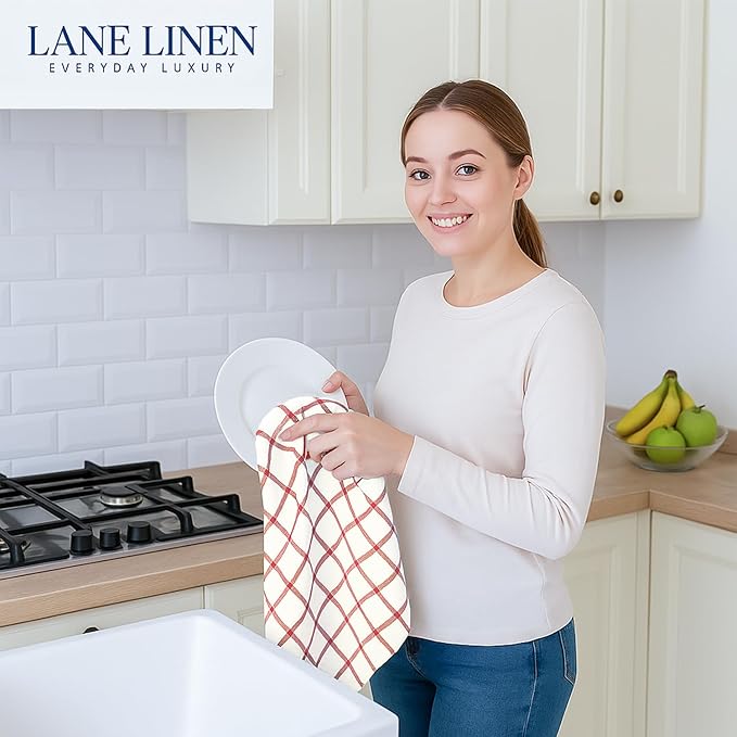 LANE LINEN 100% Cotton Kitchen Towels Set, 6-Pack – Premium, Absorbent, Quick-Drying Dish Towels, Tea Towels, 18" x 28" - Red