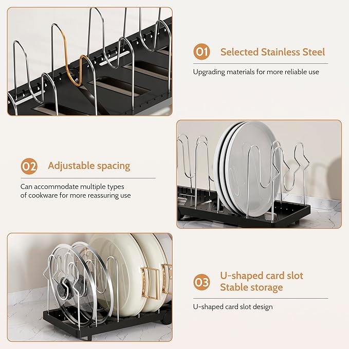CEHNCEH Foldable Pots and Pans Organizer Under Cabinet 28.5" L x 9.1" W x 9.9" H Expanded, Folds Flat Adjustable 8-Tier Stainless Steel Dividers Kitchen Cabinet Cookware Baking Frying Rack (Black)