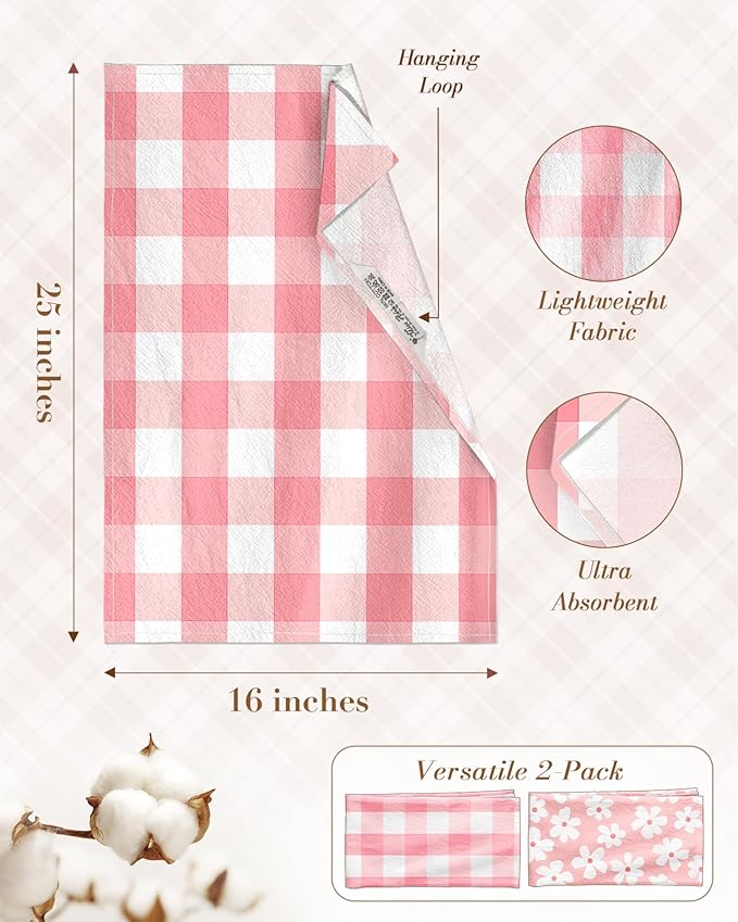 Miss Adola 2pcs Flour Sack Kitchen Towels - 18"x 26" Cotton Kitchen Hand Towels with Hanging Loop Reusable Geometric Girly Plaid Floral Tea Towel Absorbent Dishcloths Home Decor, Pink Flower
