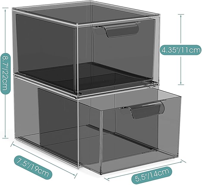 SpaceHacks 3 Pack Stackable Makeup Organizer and Storage, Acrylic Organizers，Clear Plastic Storage Drawer with Pull-Out Handles for Vanity, Undersink, Kitchen Cabinets, Pantry, Black