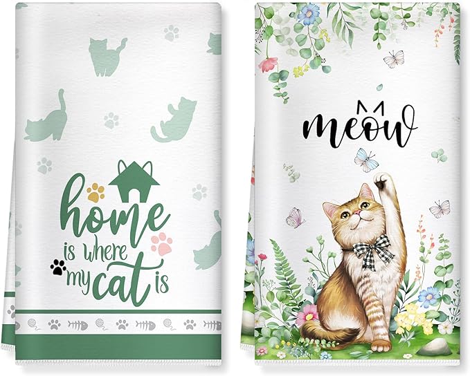 Cute Cat Spring Summer Microfiber Kitchen Towels, Soft Absorbent Hand Towel 15.7 × 23.6 Inch, Thick Dish Cloth for Party Anniversary Holiday Decoration, Housewarming Gifts for Mom