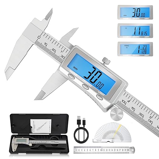 Digital Caliper 6 Inch, Rechargeable Calipers Tool with Backlight LCD Screen, Stainless Steel Caliper Measuring Tool, Auto-Off Micrometer, Inch/MM/Fraction Conversion for 3D-Printing/DIY/Household