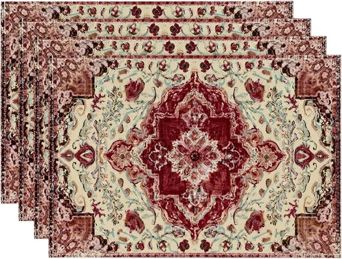 Artoid Mode Boho Bohemia Style Red Beige Placemats Set of 4, 12x18 Inch Country Rustic Farmhouse Magical Fall Table Mats for Party Kitchen Dining Decoration