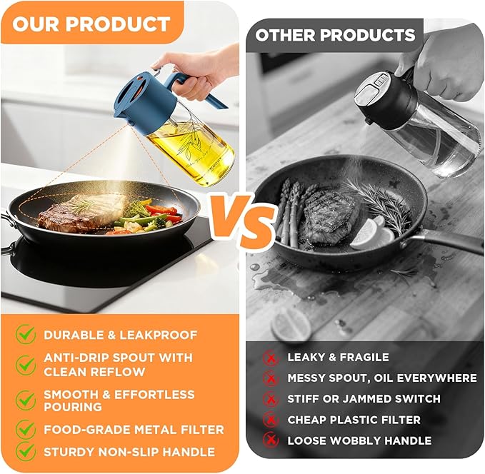 PLAPITATE 17oz/500ml Premium Olive Oil Sprayer for Cooking, 2 in 1 Glass Olive Oil Dispenser Bottle for Kitchen Gadgets, Spray Bottle with Portion Control for Salad, Frying, BBQ (Blue)