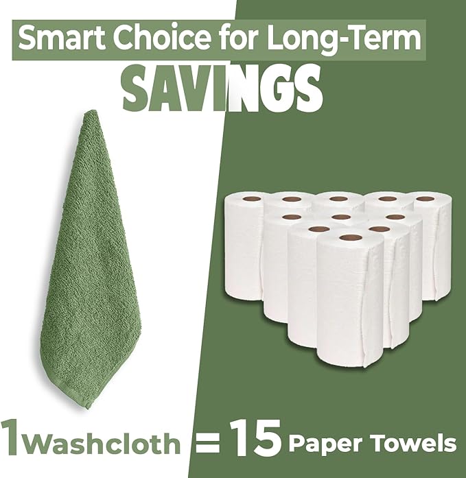 DAN RIVER 12 Pack Wash Cloths for Showering [12x12] - 100% Cotton Washcloths Premium Quality Flannel Face Cloths for Bathroom, Highly Absorbent and Soft Feel Wash Clothes, Sage Green