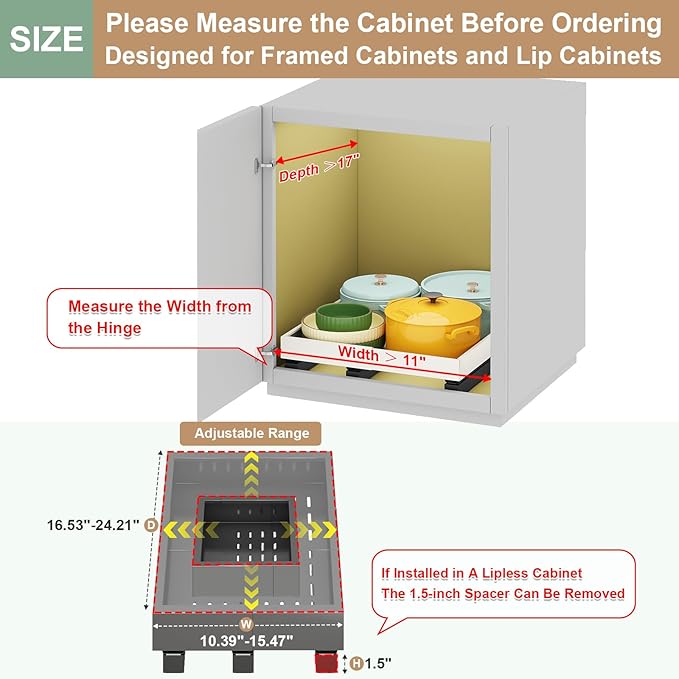 Pull out Cabinet Organizer,Expandable Width(11"-16"),Depth(17"-24") with 3 Rails,Roll out Drawers,No Drill Adjustable Slide out Shelves for Kitchen,Pantry,for Both Lip and Lip-Free Cabinets,Black(1PC)