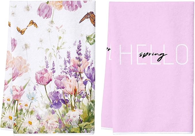 2Pcs Purple Tulip Floral Kitchen Towels-16×24in Spring Floral Microfiber Dish Towels, Holiday Decor Flower Hand Towels for Kitchen Bathroom Home Easter Mother‘s Day Gifts