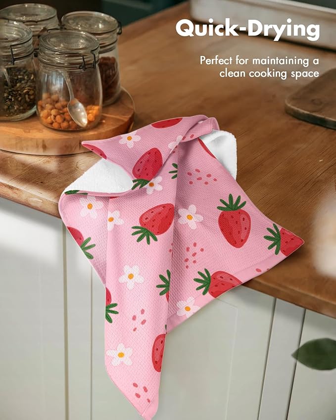 Miss Adola 2pcs Waffle Kitchen Towels - 16x26 Inch Cotton Waffle Weave Dish Cloths Set of 2 with Hanging Loop Absorbent Hand Tea Towels Cute Design for Housewarming Gift, Strawberry