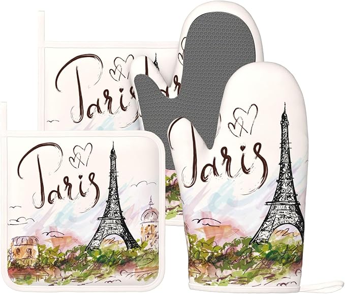 Pretty Romantic Paris Eiffel Tower Oven Mitts and Pot Holders Sets of 4, Heat Resistant Silicone Oven Mittens and Potholders Gloves Hot Pads for Kitchen Cooking Baking Grilling BBQ Chef