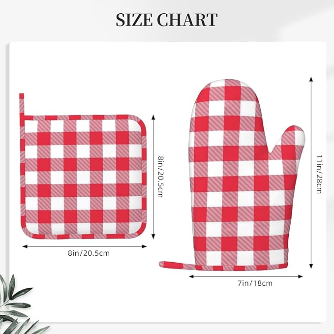 Red and White Checkered Oven Mitts and Pot Holders Set, 4pcs Red and White Plaid Silicone Oven Glove for Kitchen Heat Resistant Oven Mitts and Potholders Non-Slip for Cooking