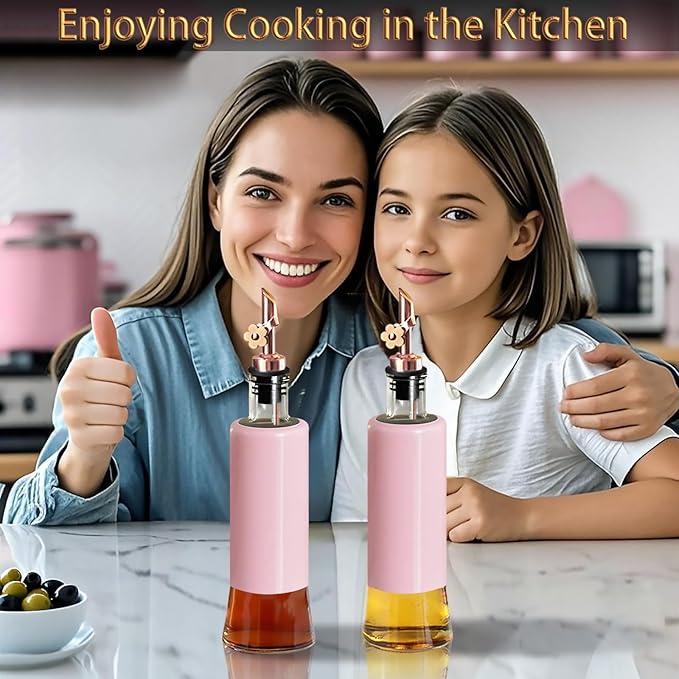 MIAO'ER Olive Oil Dispenser for Kitchen, Oil and Vinegar Dispenser Set of 2, Rose Gold Stainless Steel Spout, Pink Kitchen Decor, 300ml/10oz Kitchen Accessories for Cooking, Salad, Frying