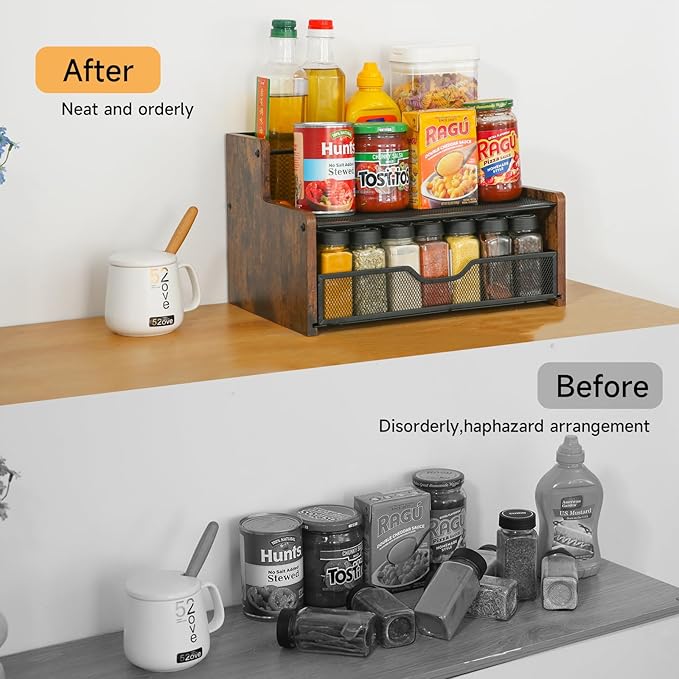 Bathroom Counter Organizer，Wood & Iron Spice Rack Organizer - Space Saving Desktop Storage Shelf for Kitchen Countertop, Office, Bathroom,Easy Assembly