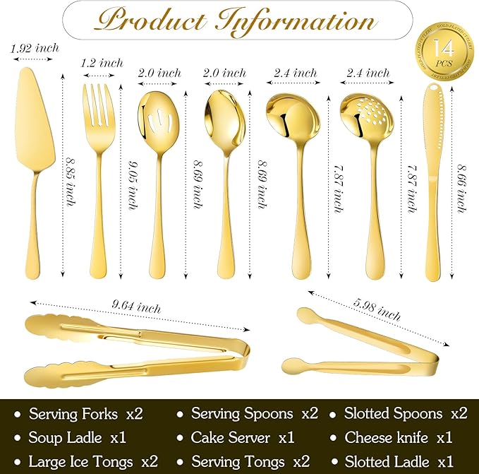 Mwellewm 14Pc Serving Utensils,Gold Stainless Steel Serving Spoons for Buffet,Fork,Tongs,Slotted Spoon,Cake Pie Server,Soup Spoon,Metal Silverware Banquet Cutlery Set for Parties Entertaining Catering