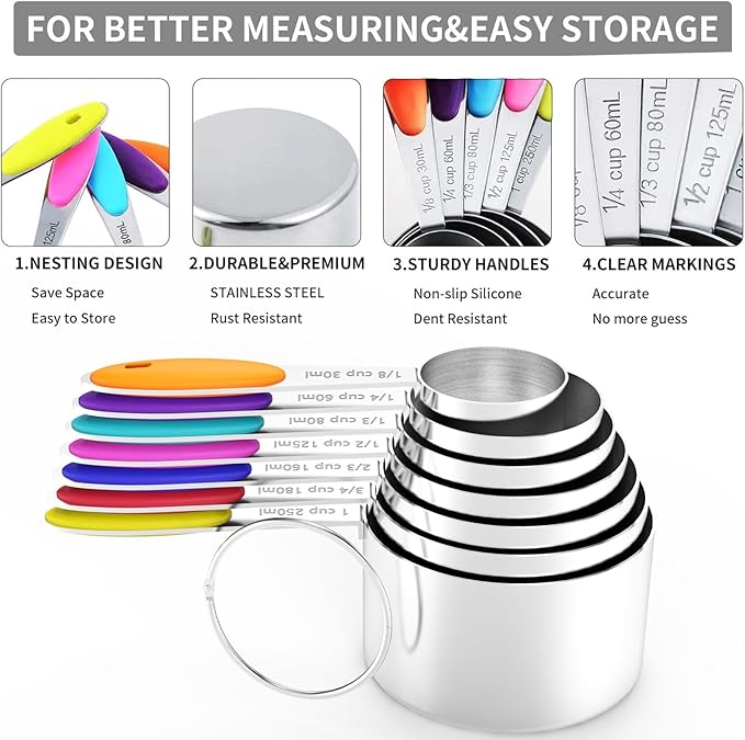 Magnetic Measuring Spoons Set and Measuring Cups Heavy Duty Stainless Steel Fits in Spice Jars for Baking & Cooking (14)