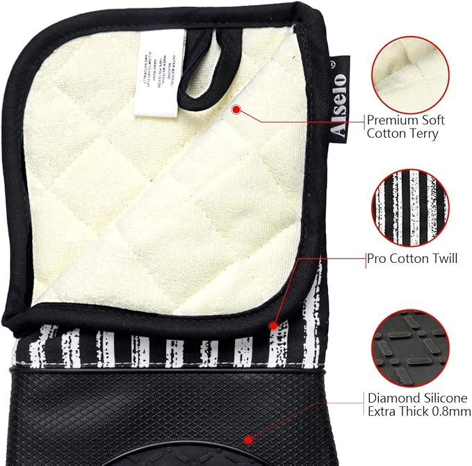 Alselo Silicone Oven Mitts Heat Resistant 932℉ with Waterproof & Non-Slip Kitchen Mittens, Set of 2 Extra Long Oven Gloves with Soft Cotton Terry Lining for Baking Cooking Barbecue (2, Black Mitts)