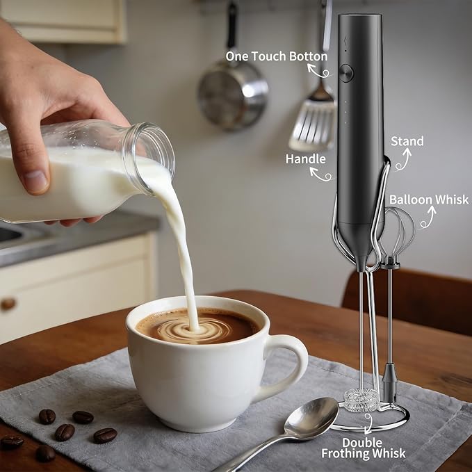 Milk Frother Handheld Rechargeable, Hand Frother with Stand, Drink Mixer Frother Wand Electric Whisk Stirrer for Coffee, Latte, Matcha, Cappuccino, Hot Chocolate, Kitchen Gifts - Black