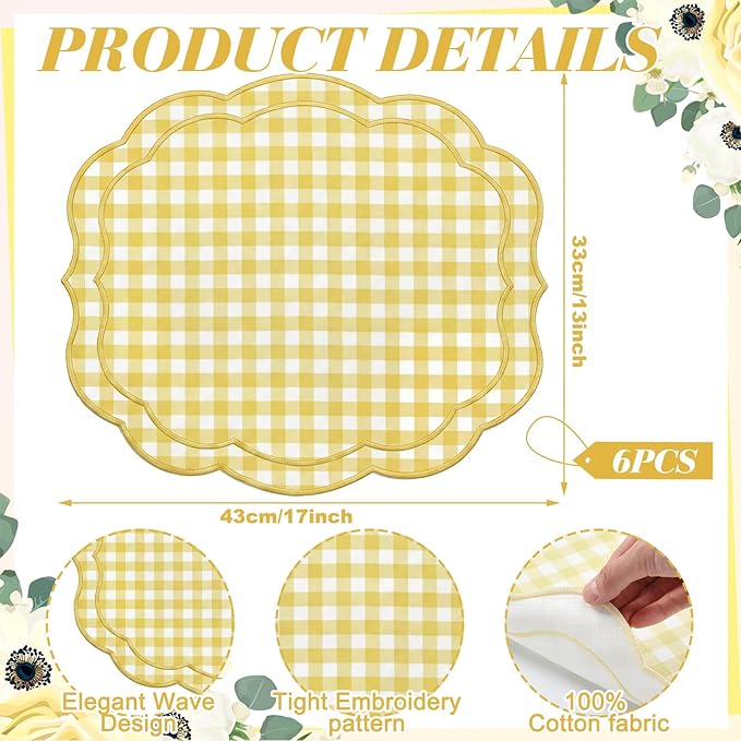 Breling Set of 6 Yellow Gingham Placemats Scalloped Embroidered Cotton Linen Placemats 17" x 13" Double Layered Machine Washable Table Place Mat for Wedding Birthday Baby Shower Party Table Decor