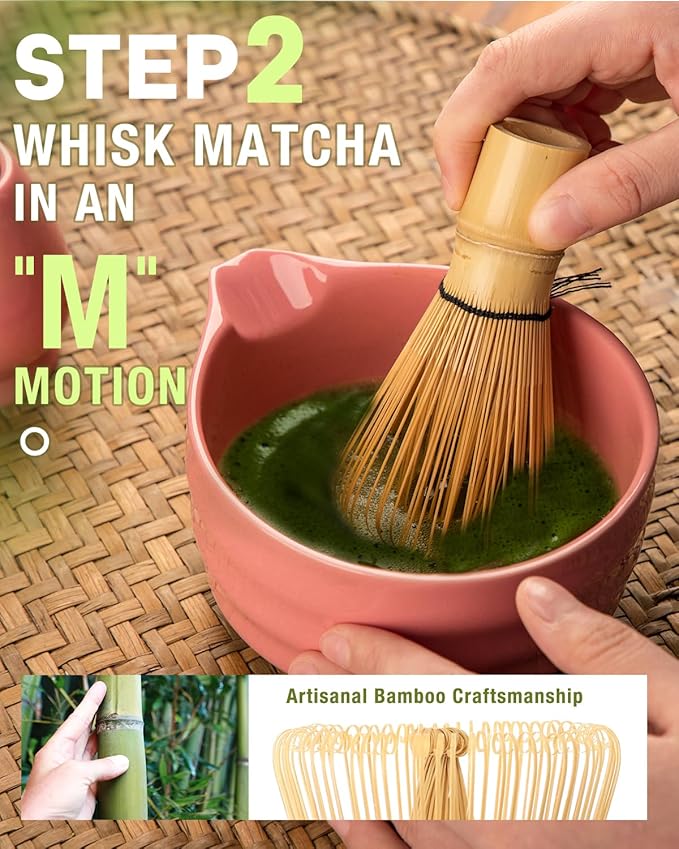 5PCS Pink Matcha Set - 17OZ Ceremonial Bowl with Spout, Bamboo Whisk (Chasen), Stainless Sifter, Scoop & Holder, Matcha Kit for Matcha Lovers, Pink