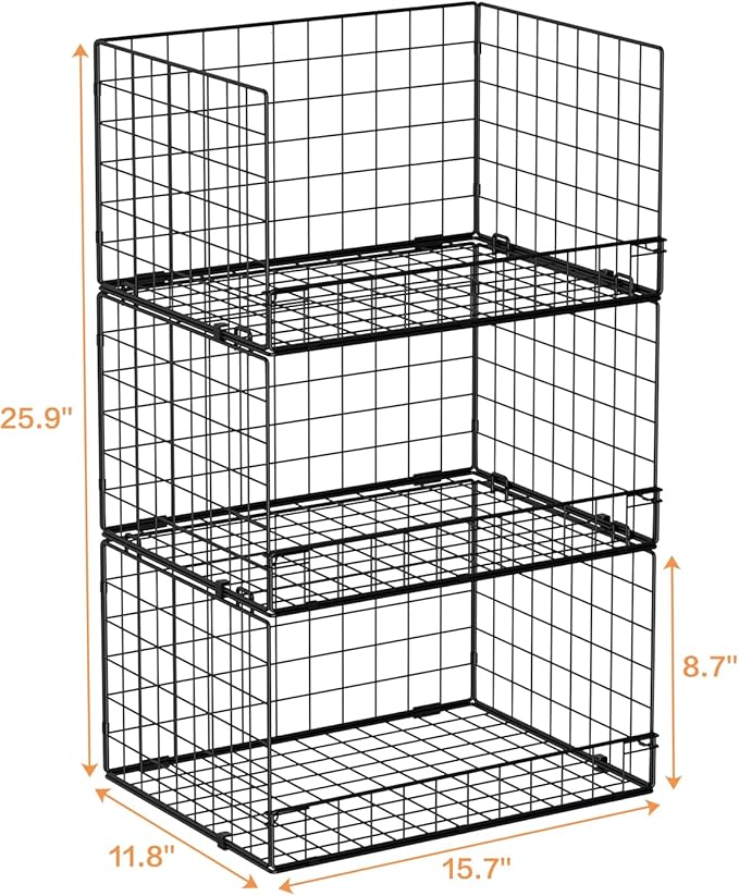 Yociyoga 3-Tier Stackable Closet Organizers and Storage Shelves, Foldable Closet Shelf Organizer, Stackable Storage Bins Drawers for Closet Organizer System, Black(Patent Pending)