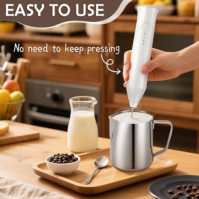 Powerful Milk Frother - Electric Handheld Milk Frother with Stand, Milk Jug and 2 Stainless Steel Blenders, Rechargeable 3 Speed Coffee Latte Cappuccino Matcha