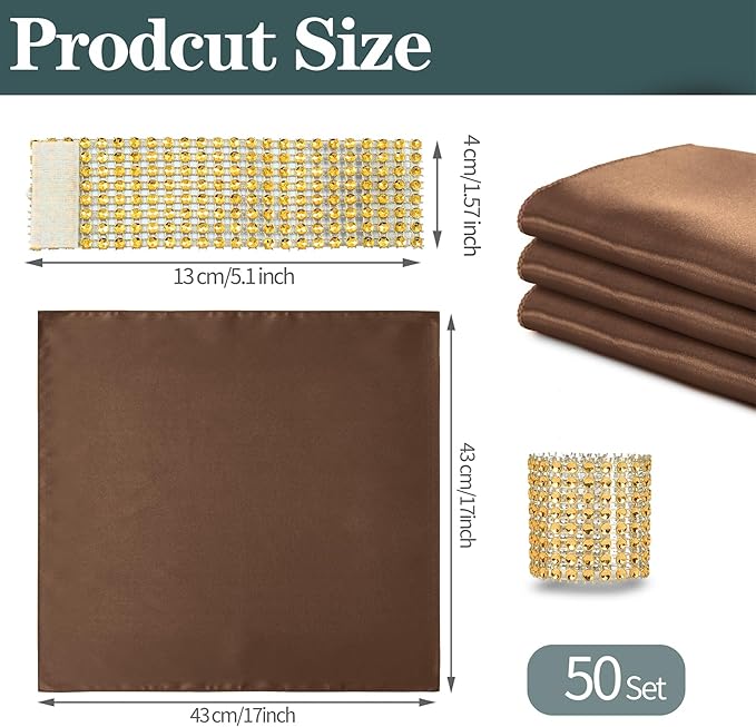RUDONG M 100 Pcs Chocolate Brown Satin Napkins and Napkin Rings Set, 17 x 17 Inch Square Cloth Napkins Set of 50, Silky Soft Table Napkins Bulk for Weddings, Banquet, Parties Dinner Decoration