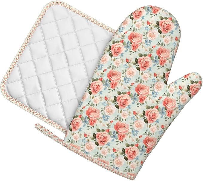 Oven Mitts and Pot Holders Rose Flower Vintage Botanical Silicone Kitchen Accessories Set of 2 Heat Resistant Long Gloves Potholder Non-Slip Grip for Chef Cooking,Baking,Grilling,BBQ