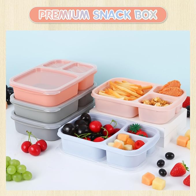 Honeydak 5 Pack Snack Containers 3 Compartment Bento Snack Boxes Divided Meal Prep Containers with Lids Reusable Adults Lunch Food Storage Box for School Work Travel(Blue Gray Brown)