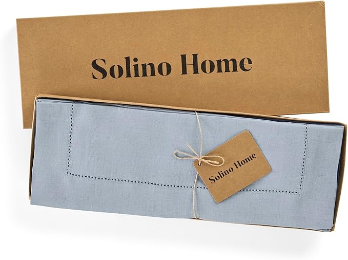 Solino Home Linen Cloth Placemats Set of 4-100% Pure Linen Hemstitch Dusty Blue Placemats 14 x 19 Inch - Classic Hemstitch Table Place Mats for Spring, Summer, Mothers Day