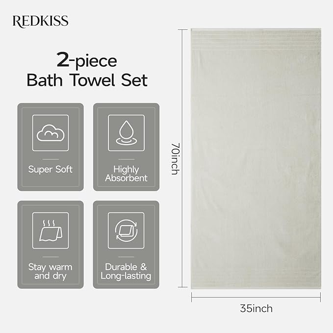 REDKISS 2 Pack 100% Cotton Thick Extra Large Bath Towels 35 X 70 Inches, Quick Dry, Ultra Soft & Highly Absorbent Light Gray Bathroom Towel Sets for Bathroom, Gym, Spa, Pool & Hotel