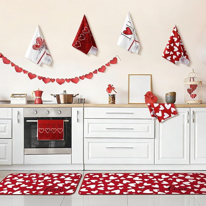 VitalCozy 10 Pcs Valentine's Day Kitchen Decor Set Heart Kitchen Towels and Rugs Oven Mitts and Pot Holders Set Absorbent Tea Hand Towels for Chef Baking Cooking Grilling BBQ Gift