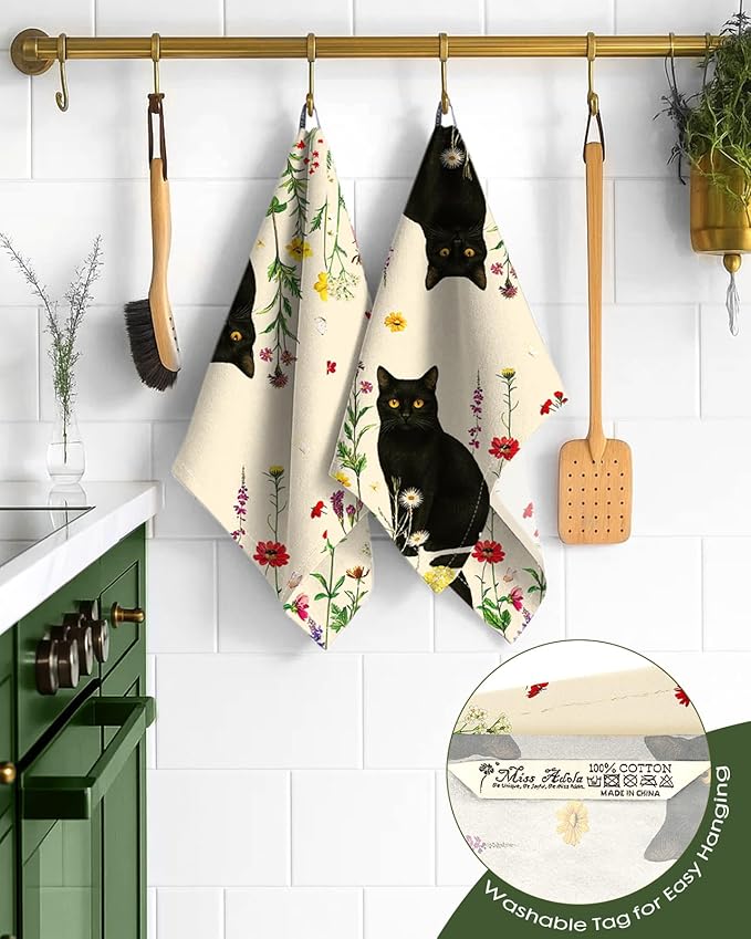 Miss Adola Flour Sack Kitchen Towels Set of 2-18x26 Cotton Dish Towels with Hanging Loop Reusable Tea Towel for Cleaning Spring Absorbent Dishcloths Cute Home Decor Housewarming, Retro Cats Floral