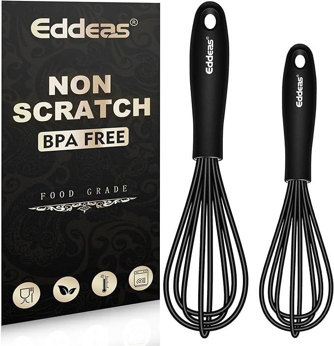 Eddeas Silicone Mini Whisk, Small whisks Non-Stick Tiny Whisks set of 2（5.5in & 7.5in）-Heat Resistant (450°F) Whisks, Balloon Egg Beater Perfect for Whisking, Beating, Mixing, Blending, Black