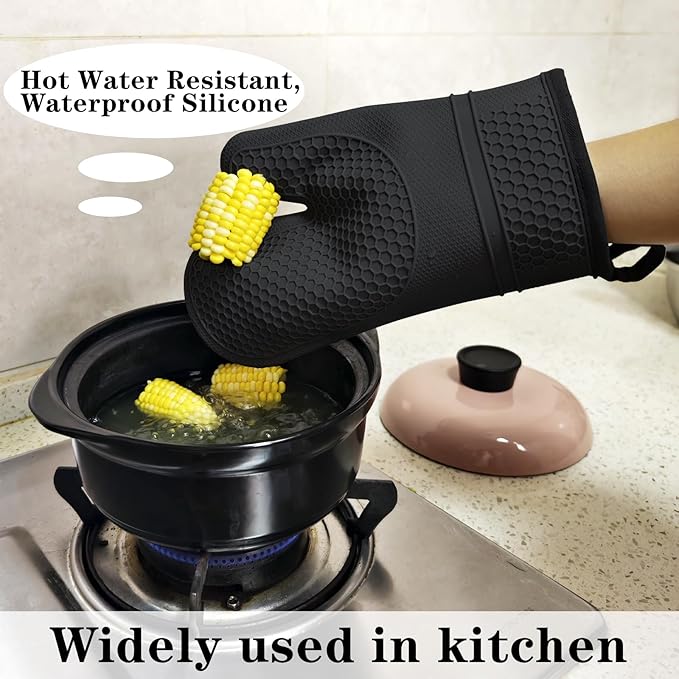 3PCS Silicone Oven Mitts and Pot Holders Sets for Kitchen, Oven Gloves Heat Resistant 500°F, Non-Slip Silicone Potholder 7.1”, Thick Oven Mitts & Thick Hot Pads Protection for Cooking, Black